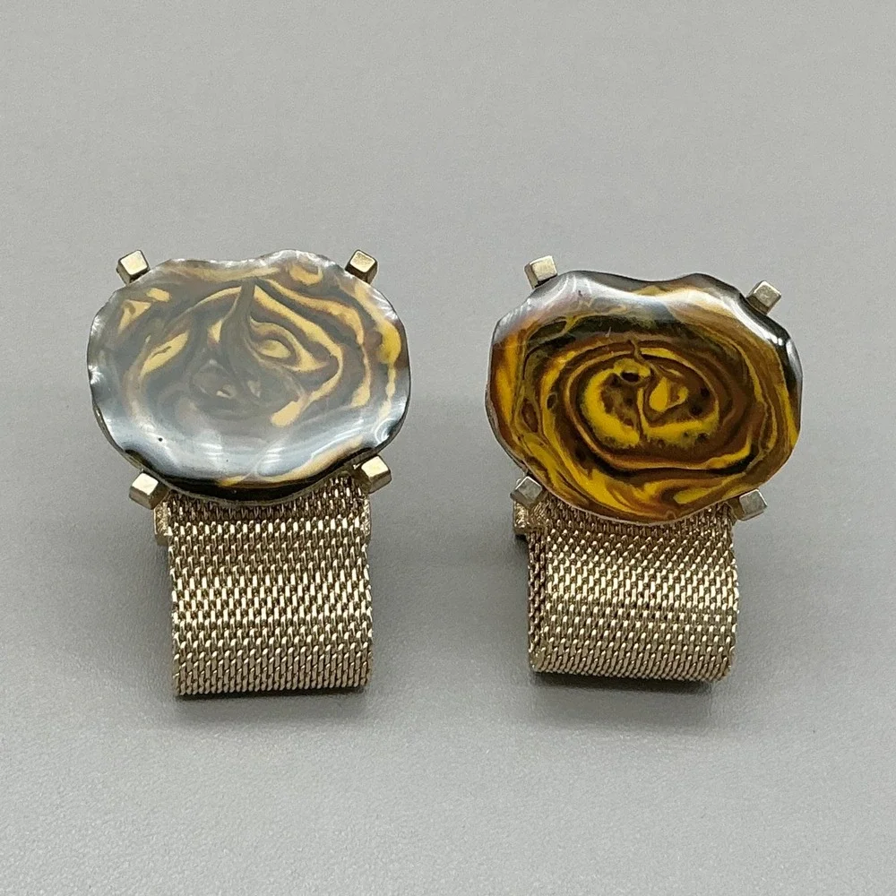Dante Vintage Mesh Wrap Around Cufflinks Gold Tone Tiger Eye Swirl Mid Century